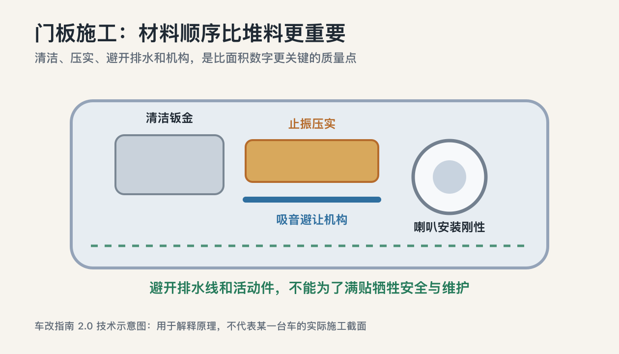 汽车门板隔音施工清洁压实避让排水机构示意图