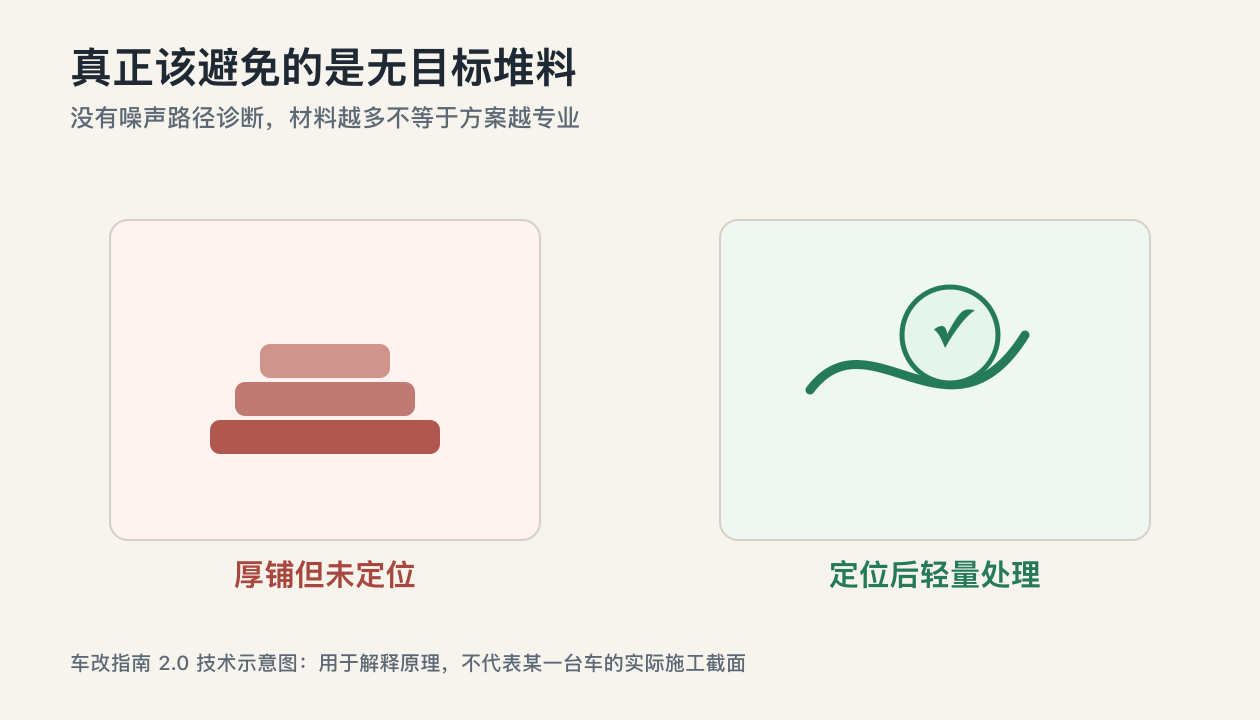 汽车隔音避免无目标厚铺和定位后轻量处理对比示意图